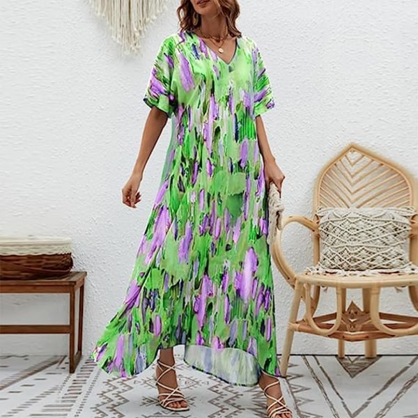 Klänningar för våren och sommaren för kvinnor, V-ringad solklänning med blommönster Dark Green XL