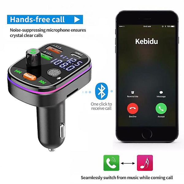 2-in-1 Bluetooth 5.0 -auton FM-lähetin, kaksi USB-porttia (3.1A + Type-C), nopea lataus, tunnelmavalaistus, handsfree-autopaketti, MP3-soitin, tukee TF-korttia