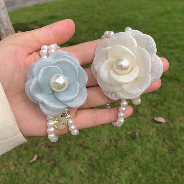 Elastisk perlearmbånd blomsterhårscrunchies til kvinder blomsterhårholder blomsterhårbånd armbånd perlehårbånd sort Black