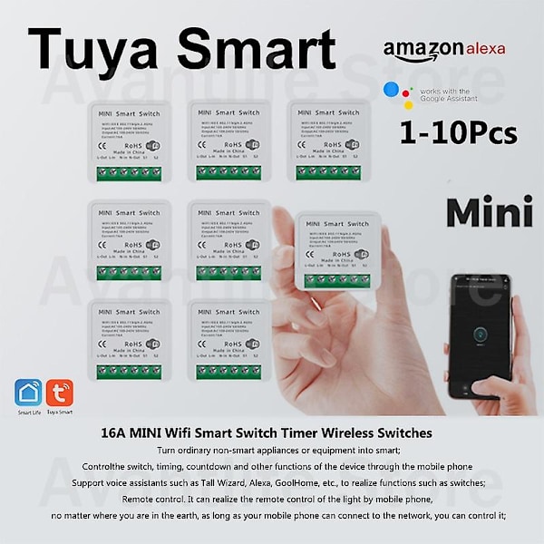 1-10 stk Tuya Mini 16a Wifi-brytermodul med Smart Life-app, 2-veis kontroll,