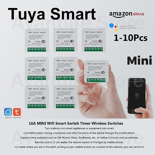 1-10 stk. Tuya Mini 16a Wifi Switch-modul med Smart Life App 2-vejs kontrol,