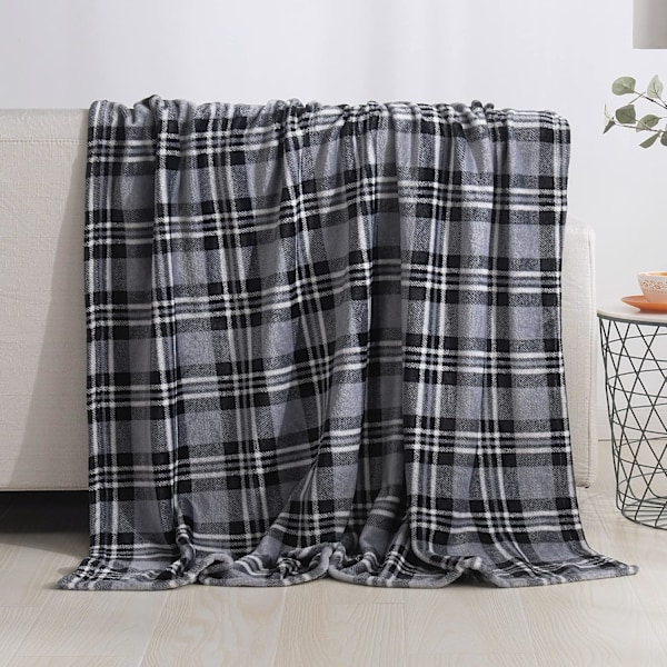 Elegant og komfortabel luksuriøs fløyelsmyk juletrykt fleecepledd gray plaid 50 in x 60 in