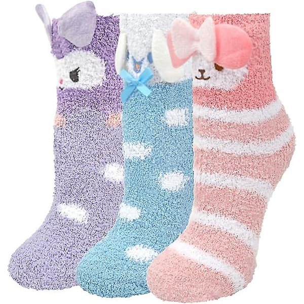 3 Par Dam Fuzzystrumpor Mysiga Vinter Varma Fluffiga Mjuka Söta Djur Fuzzy Hemtofflor - Lila Blå Rosa/Storlek: One Size