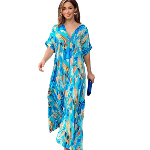 Klänningar för våren och sommaren för kvinnor, V-ringad solklänning med blommönster Blue XL