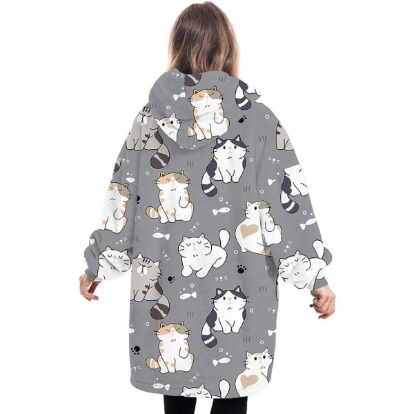 Oversized Blanket Hoodie Fluffy Fleece Hoodie Filt för kvinnor One Size Cats - Grey