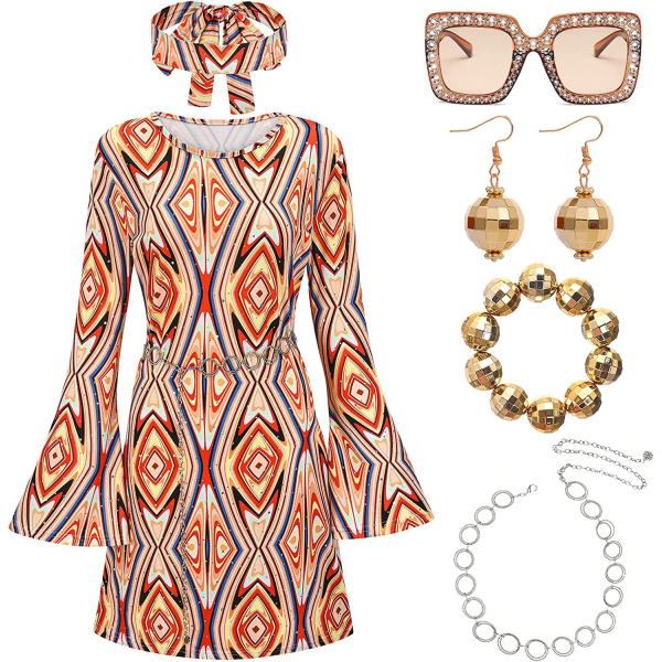 70-tals hippieklänning - Halsband och örhängen - Solglasögon orange print L
