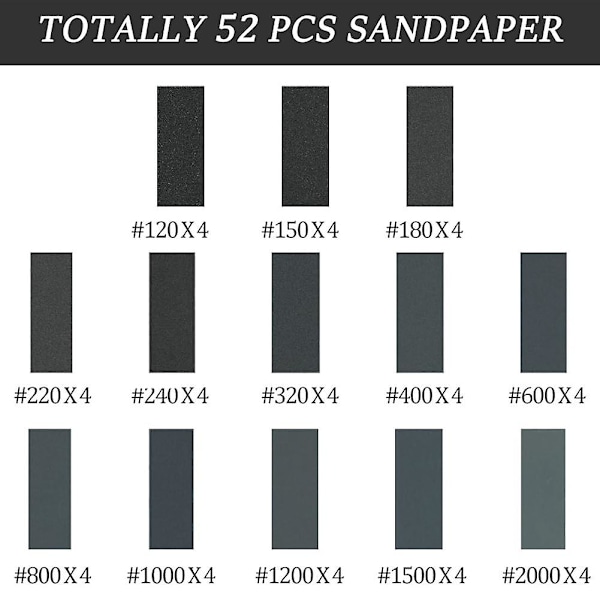 120-2000 Grit Sandpapirsett - 52 stykker, silisiumkarbid for tre, metall, bilpolering