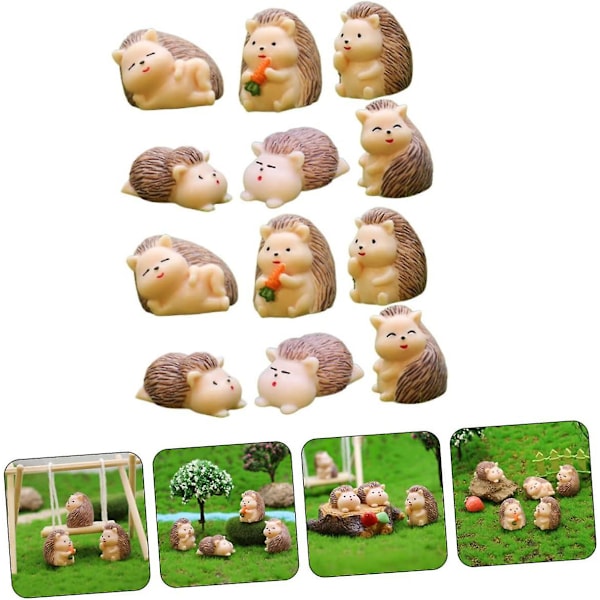 Mini Resin Pindsvin Statuetter Dukker 12stk - Guler Bulks til Bonsai Ornamenter, Håndværk og Skrivebordsdekoration