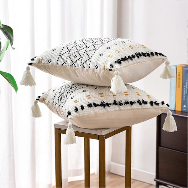 Sæt med 2 Moderne Bohemian Vævede Bomulds Pudebetræk Geometrisk Mønstret Dekoration til Stue Sofa Soveværelse Hjem 45 x 45 cm, Sort og Hvid (uden pude)