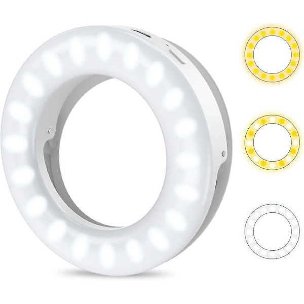 Selfie Ringlys, Klips-på Fylllys [3 Fargemoduser], USB Oppladbart 200mAh Kamera Lys, Spotlight Flash Tilleggslys for Sminke Vlogg, Came