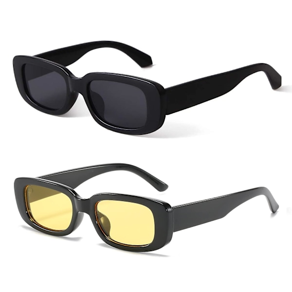 Women's 90s retro rectangular sunglasses (2 pieces of black frame yellow film + black frame black gray film)