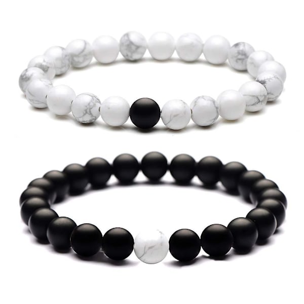 Couple partner bracelets with 8mm beaded bracelet, 2pcs black matte and white bracelet