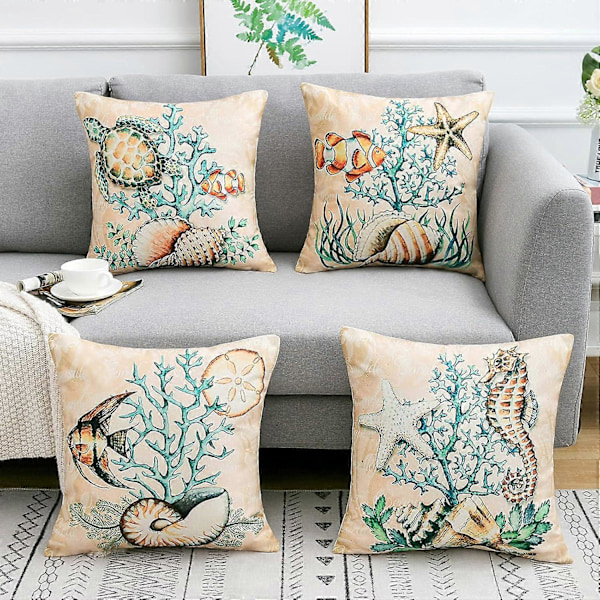 Pudebetræk 45 x 45 cm Pudebetræk Dyre Marine Sæt af 4 Bomuld Linned Print Nautisk Stil Kvadratisk Pudebetræk Dekoration til Sofa Værelse Strand