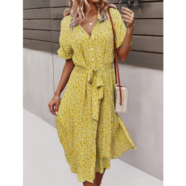 Casual resort stil våren och sommaren stor fåll printed band klänning yellow L