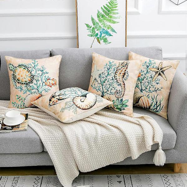 Pudebetræk 45 x 45 cm Pudebetræk Dyre Marine Sæt af 4 Bomuld Linned Print Nautisk Stil Kvadratisk Pudebetræk Dekoration til Sofa Værelse Strand