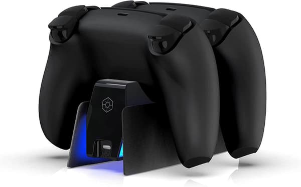Sort Ladestation med Blå Lysbjælke til PS5 Midnight Black Controllere