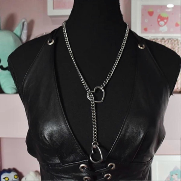 Hjärtformad O-ring Slip Chain Halsband för Kvinnor Rostfritt Stål Kubansk Kedja Hjärtformad Halsband Punk Rock Krage Halsband Handgjort Justerbart Lariat Y Halsband black