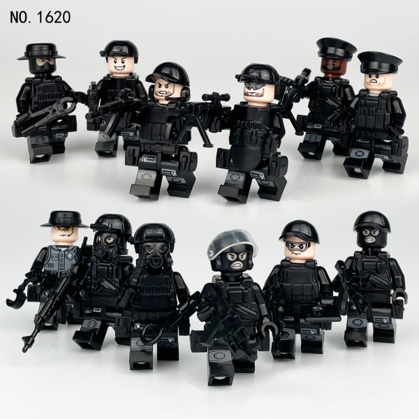 12- set militärfigurer, svarta SWAT-figurer, minisoldater