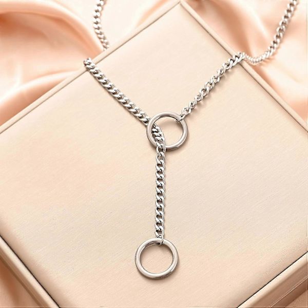 Hjerte O-ring Slip Chain Halskæde til Kvinder Rustfrit Stål Cuban Chain Hjerte Halskæde Punk Rock Krage Halskæde Håndlavet Justerbar Lariat Y Halskæde silver ring