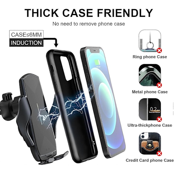 Biltelefonholder, Automatisk Klemmesensor 10W Qi Rask Lading Bil Frontrute Dashbord Luftventil Telefonholder Kompatibel med iPhone12/12 pro m black