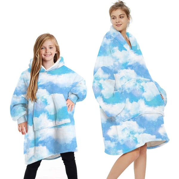 Oversized Blanket Hoodie Fluffy Fleece Hoodie Filt för kvinnor 7-12 Years Sky - Blue   White