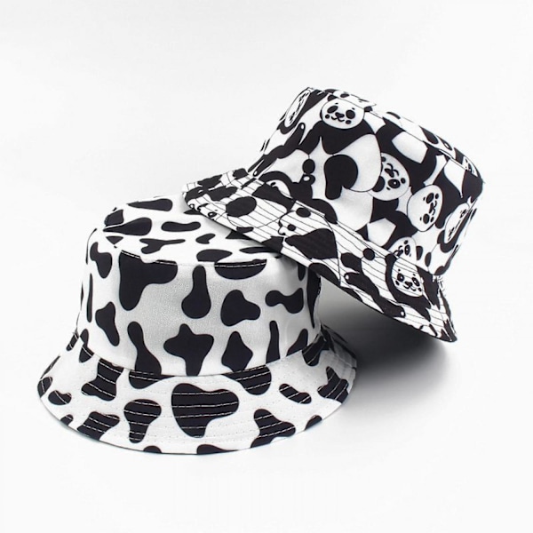 Unisex Panda Mønster Print Spandhat Dobbeltsidet Bærbar Reversibel Fiskerhat, Gul