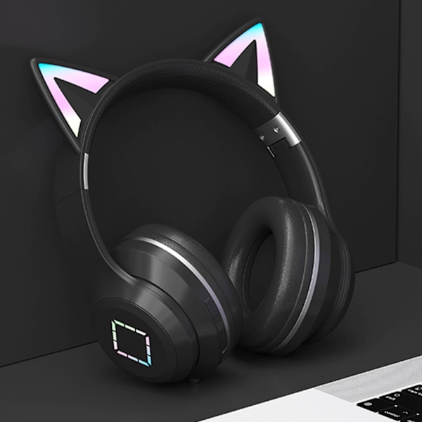 Trådløse Over-Ear Bluetooth-Høretelefoner til Børn - Søde RGB-Ører, Foldbare, Trådløse, Bluetooth 5.1 med Mikrofon og Lydstyrkekontrol - Til Piger black