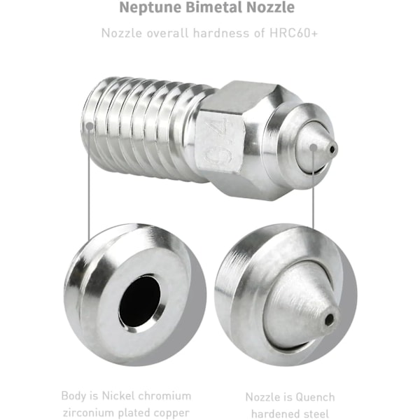 Bimetalli 3D-tulostin suutin, korkea lämpötila, kulutusta kestävä, Neptune 4/4PRO 0,4 mm 0,6 mm 0,4/0,6 mm suutinreikä, messinki karkaistu terässuutin St