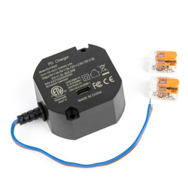 AC-USB-C-sovitin seinään asennettavaksi virtalähteeksi USB-C-tableteille 5-20V, 30W laturi