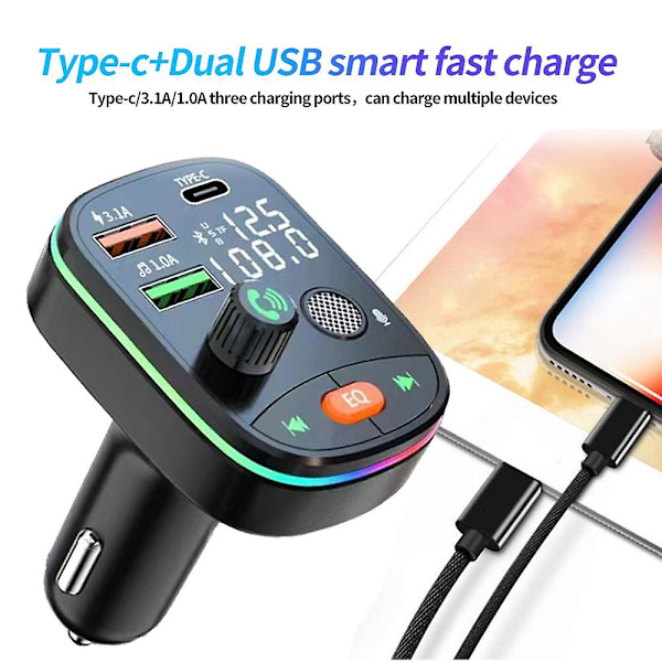 2-in-1 Bluetooth 5.0 -auton FM-lähetin, kaksi USB-porttia (3.1A + Type-C), nopea lataus, tunnelmavalaistus, handsfree-autopaketti, MP3-soitin, tukee TF-korttia