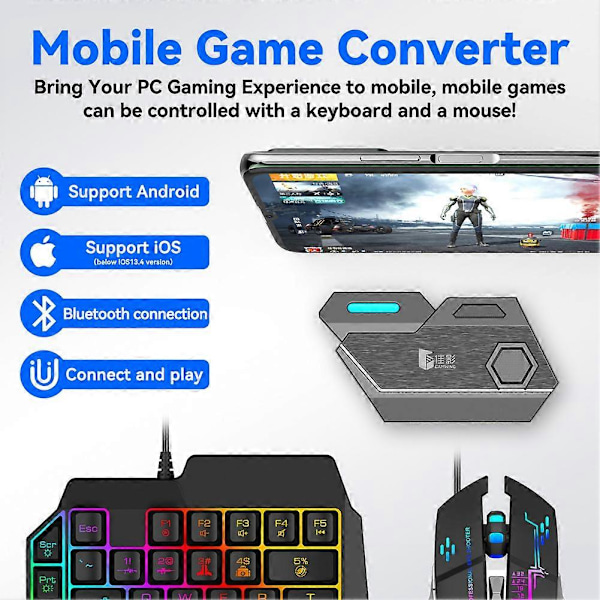 Svart Mobil Spillkontroll Gamepad Tastatur Mus Konverter for IOS/Android~ mix se