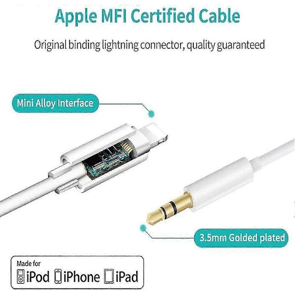 Aux-kabel kompatibelt med iPhone, Lightning til 3,5 mm Aux lydkabel for bil kompatibelt med iPhone 13/12/11/xs/xr/x 8 7, iPad/ip