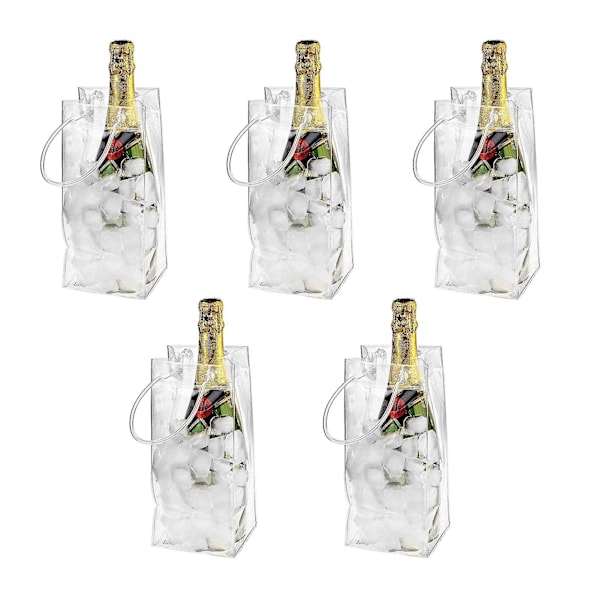 5 Pcs Transparent PVC Champagne Wine Ice Bag, Leak-Proof Bottle Cooler with Handle for Party Outdoor