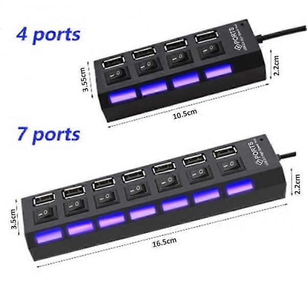 RYRA 4/7 Ports USB HUB 1.1 Adapter Expander Multi USB Splitter Multiple Extender Med LED Lampe Switch Computer Tilbehør black blue light 2