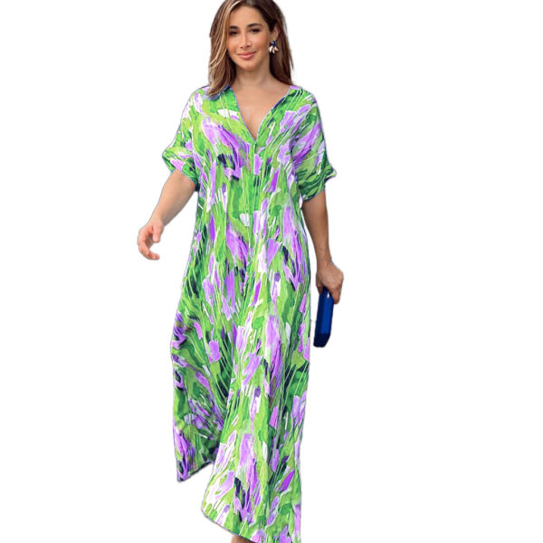 Klänningar för våren och sommaren för kvinnor, V-ringad solklänning med blommönster Dark Green L