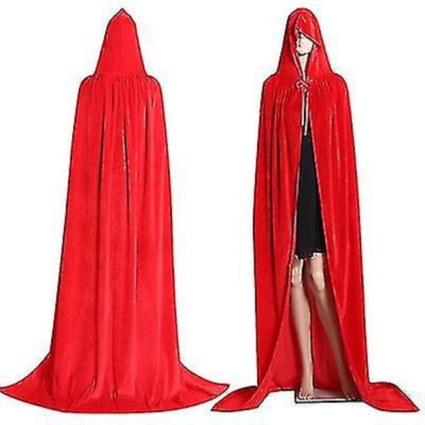 Vuxna barn Halloween-sammetsmantel Cape Hooded medeltida kostym W Red Length 110cm