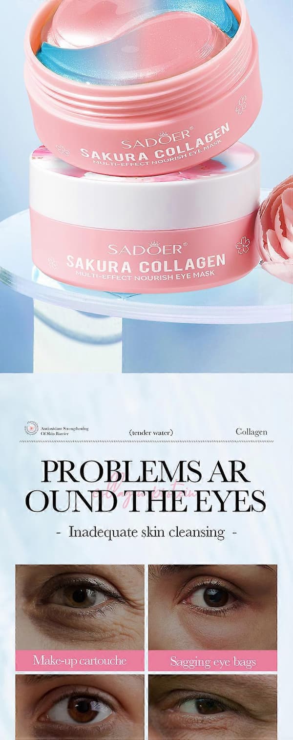 SADOER Sakura Kollagen Ögonmask - 80g Multi-effekt Närande Plåster för Mörka Ringar - 60st