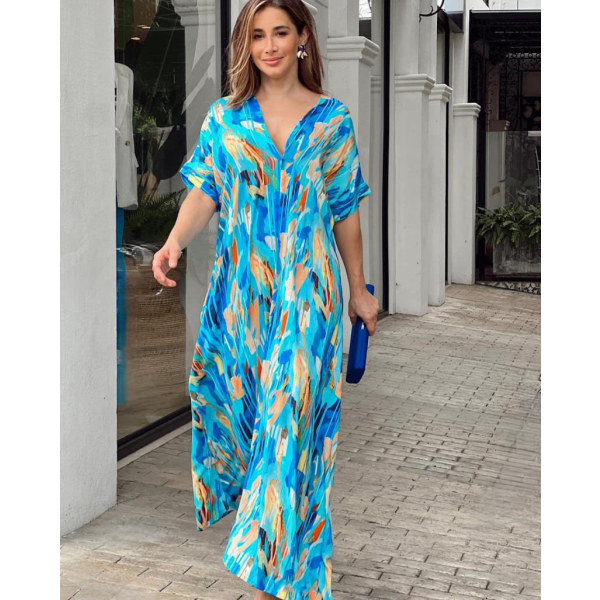 Klänningar för våren och sommaren för kvinnor, V-ringad solklänning med blommönster Blue XL