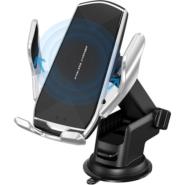 Biltelefonholder, Automatisk Klemmesensor 10W Qi Rask Lading Bil Frontrute Dashbord Luftventil Telefonholder Kompatibel med iPhone12/12 pro m silver