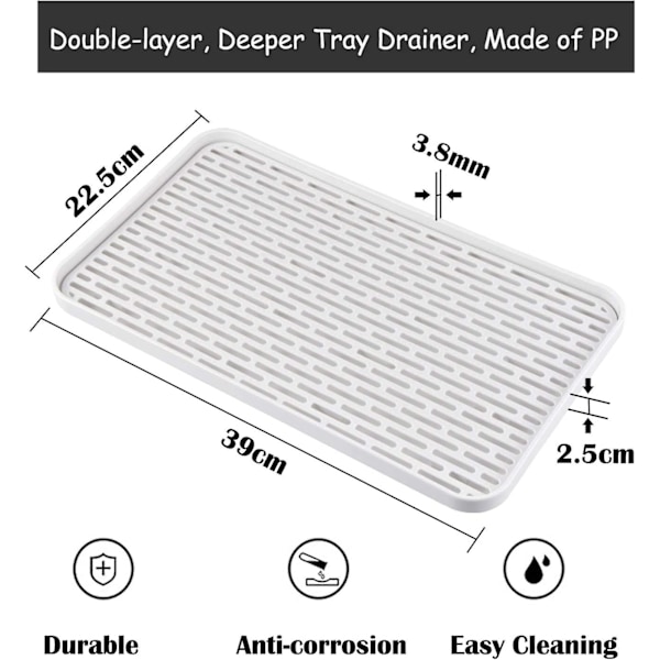 Avløpsmatte avløpsstativ med dryppbrett - stort avløpsbrett 39 x 22,5 cm - multifunksjonelt avløpsbrett for tallerkener, kopper, frukt, te og bad