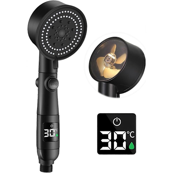 Brushoved med Højtryk, Turbo Håndholdt Brushoved med LCD Temperaturvisning, 5 Tilstande Regnkraft Brushoved med Stopknap, Vandbesparende Tryk