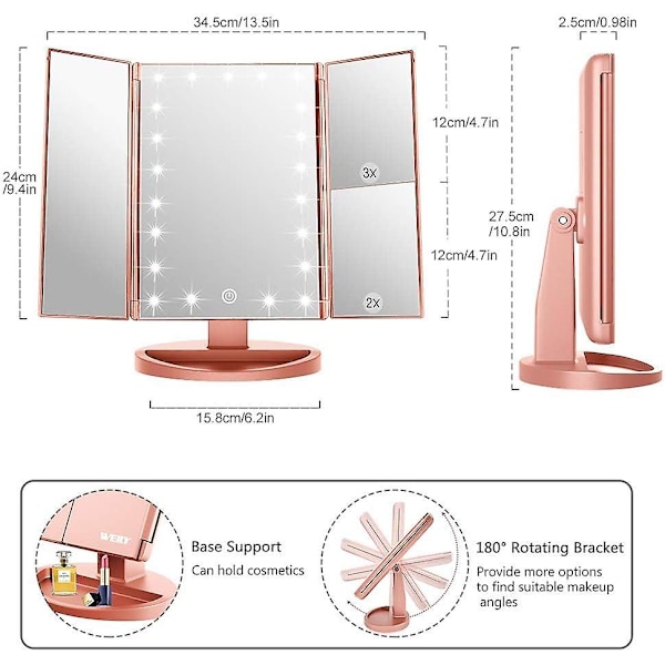 Trefløjet forfængelighedsspejl med 2X/3X forstørrelse - LED-lys, 180 graders rotation, herrespejl til pleje