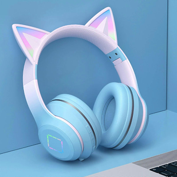 Trådløse hodetelefoner for barn med ører i RGB-farger, sammenleggbare, Bluetooth 5.1, med mikrofon og volumkontroll, for jenter blue