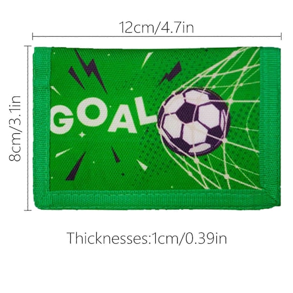 Lasten lompakko pojille, urheilu jalkapallo kuvio, kolmiosainen lompakko kaulanauhalla, vetoketjullinen kolikkotasku ja korttipidike green side football