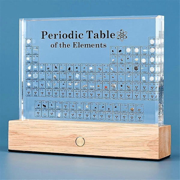 Periodisk system med ekte elementer inni, elementenes tabell, akryl periodisk systemdisplay med 83 ekte prøver