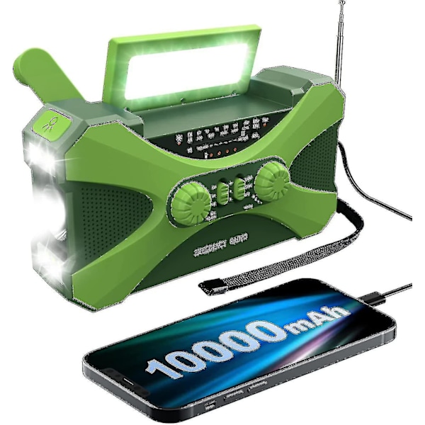 10000mAh Nødradio, Solcelledrevet Radio med Håndsveiv, Bærbar AM/FM/NOAA Værradio med Telefonlader Lommelykt green