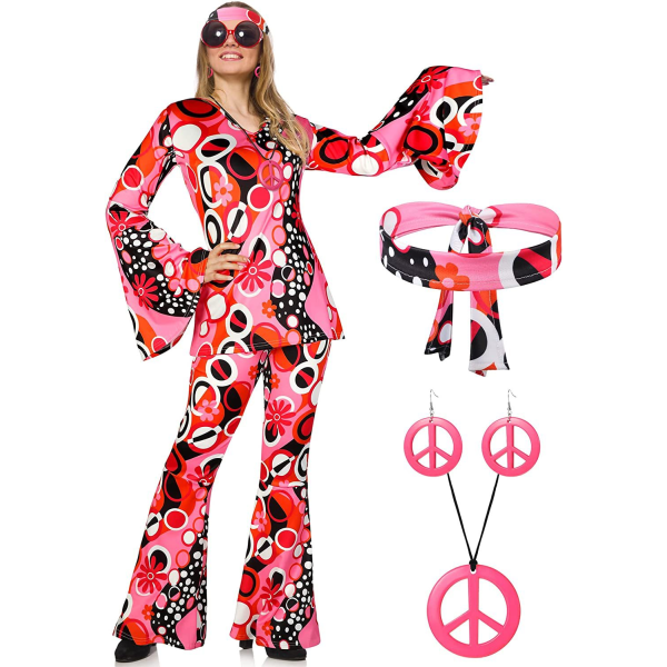 70-tals hippiedräkt - Disco flare byxor med hippietillbehör pink print XXXL