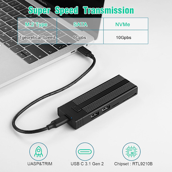 M2 NVMe SATA SSD-hölje USB C-hub NGFF SSD-inkapsling HDD-låda SD TF-kortläsare Typ C HUB-docka för MacBook Pro Air USB C-delare