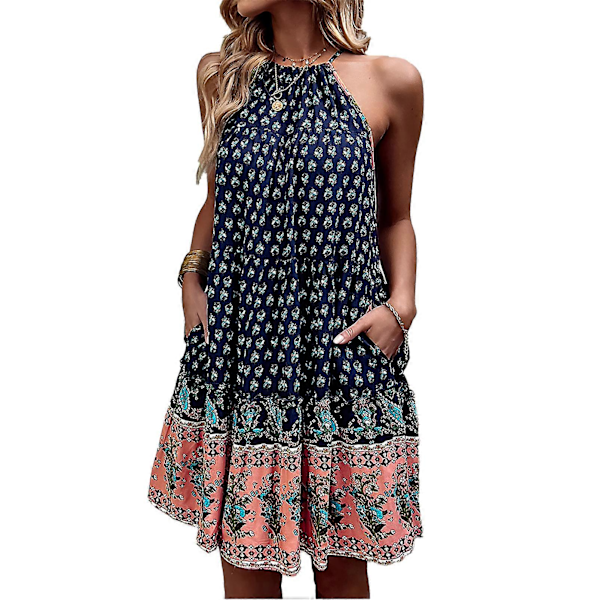 Halter Neck Dresses Sleeveless Boho Tiered Print Flowy Large Hem Casual Dress for Summer