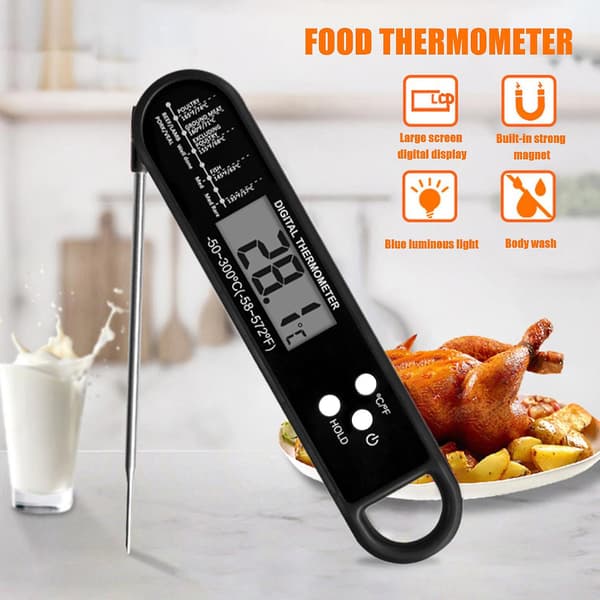 Mattermometer - Enkel å lese digitalt kjøtttermometer, vanntett, sammenleggbart koketermometer for black